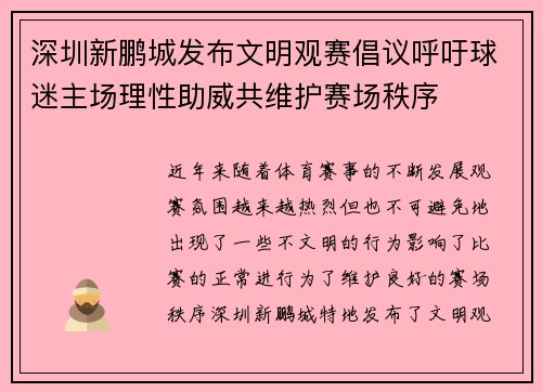 深圳新鹏城发布文明观赛倡议呼吁球迷主场理性助威共维护赛场秩序